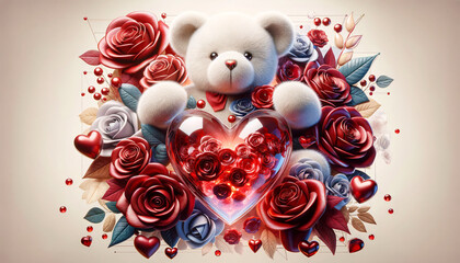 Cœur Rouge, Roses et Ourson en Peluche, idéal pour Saint Valentin, amour , mariage, carte d'invitation
 - obrazy, fototapety, plakaty