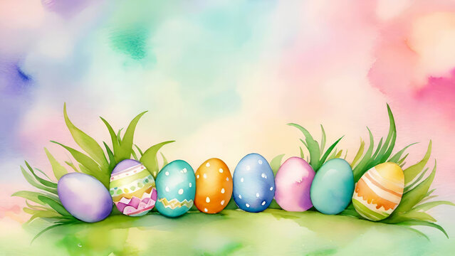 Easter banner or greeting card with colorful festive decorated eggs on spring grass with space for text.Watercolor water color brush style, pastel handmade technique aquarelle.AI generated