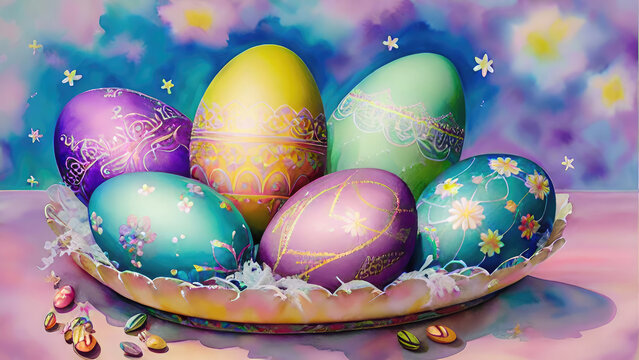 Easter banner or greeting card with colorful decorated eggs on еру plate.Watercolor brush style, pastel handmade technique aquarelle.AI generated