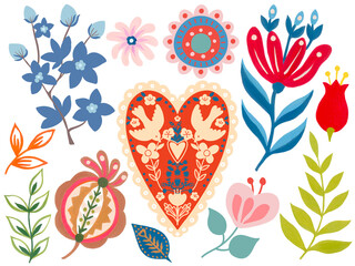 Polish folk art colorful traditional design elements valentine heart, flower, insect, bird, leaves.