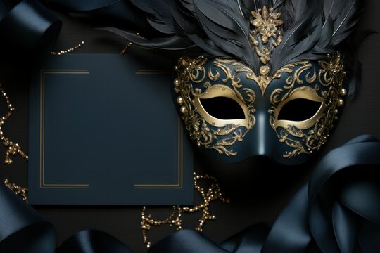 Elegant Venetian Masquerade Ball Invitation with Luxurious Golden Mask and Navy Accents Poster or Sign with Open Empty Copy Space for Text 
