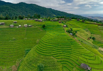 Fototapeta na wymiar Landscape of green rice terraces amidst mountain agriculture. Travel destinations in Chiangmai, Thailand. Terraced rice fields. Traditional farming. Asian food. Thailand tourism. Nature landscape.