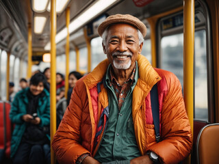 Fashionable smiling grandfather in colorful wears in public transport