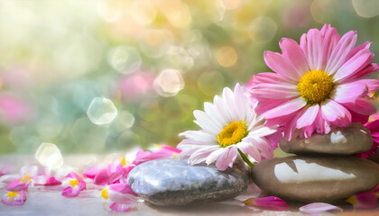 Spa still life with flowers and healing stones with empty space for text on bokeh background. 