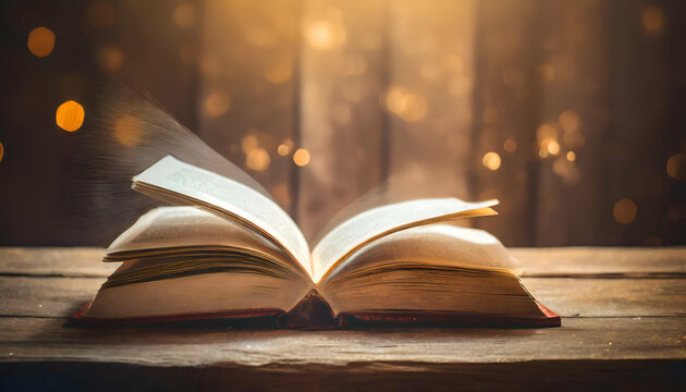 Background wallpaper of vintage open book with candle bokeh backdrop.