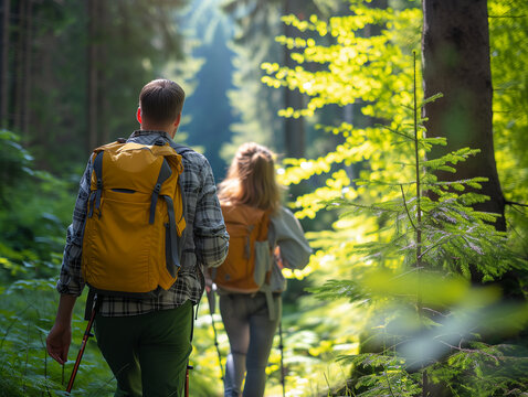Dad and daughter out hiking, seen from behind, with a backpack, walking through a forest on a  beautiful sunny summer day