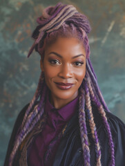 A black african beautiful woman with dreadlocks, wearing a fancy renaissance purple dress, with a witch vibe wizardry look, from a school of magic