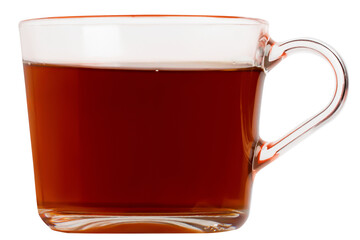 a cup of black tea with bergamot in a transparent glass cup. On a blank background