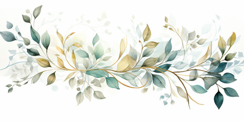 green watercolor foliage graphic, in the style of dark white and light gold, light brown and light aquamarine, nature-inspired installations, ephemeral - obrazy, fototapety, plakaty