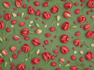 Beautiful red tulips in craft paper on green pastel background with copy space, spring time, mother's day