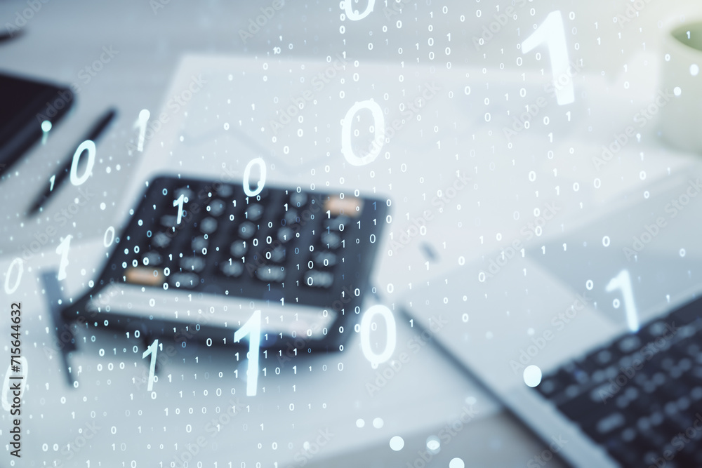 Leinwandbilder double exposure of abstract virtual binary code hologram on blurry calculator with laptop background