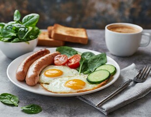 Healthy breakfast prepared with three little breads, scrambled eggs, ham, cheese and fresh lettuce for a full meal.