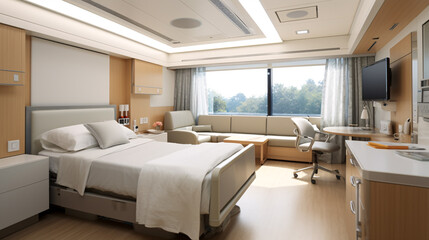 Patient room with hospital bed, healthcare, insurance and sickness concept.