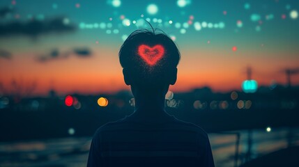 Silhouette of a Man with Digital Heart Symbol - obrazy, fototapety, plakaty