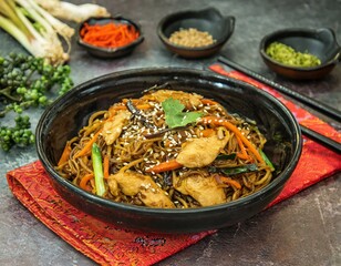 Korean Japchae recipe with chicken, Sweet potato vermicelli, vegetables