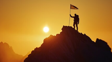 Reaching the Mountain Summit Silhouette with Flag