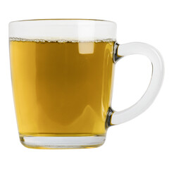 a cup of green herbal tea in a transparent glass cup. On a blank background