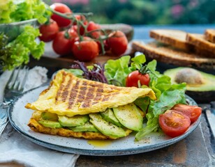 Fototapeta na wymiar White omelet served with avocado slices on grilled bread toast with fresh lettuce and cherry tomatoes for side dishes ready to be eaten 