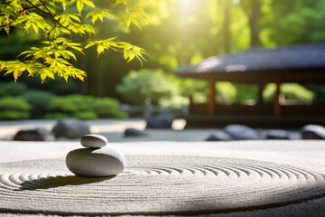 Tranquil japanese garden, serene zen garden with rock and maple tree, mindfulness, balance and harmony concept.