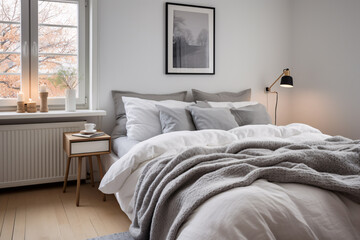 Stylish grey bedroom interior design modern and minimal style, scandinavian bedroom.