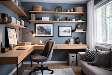 Fototapeta premium Cosy and stylish modern home office interior design, office workspace in blue colour.