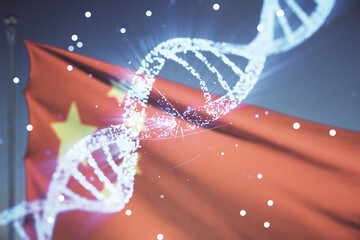 DNA hologram on flag of China and blue sky background, biotechnology and genetic concept....