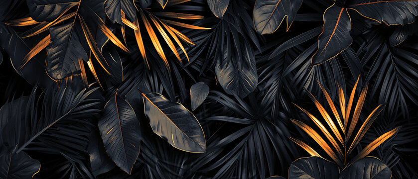 Abstract black leaf texture forms tropical leaf background.
