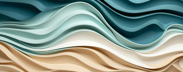 abstract modern swirls, in the style of organic forms, muted tones, naturalistic ocean waves, vintage graphic design, use of paper, colorful woodcarvings, dark cyan and light beige