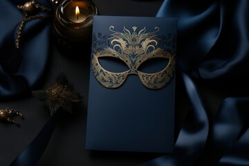 Elegant Masquerade Ball Invitation with Gold Venetian Mask and Satin Fabric Poster or Sign with Open Empty Copy Space for Text 
