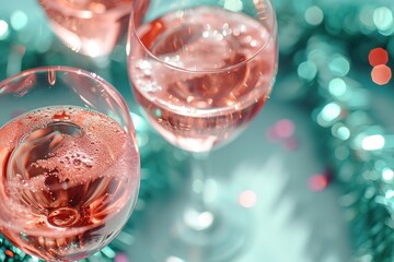 Rose wine in champagne glasses, Winter Holidays party concept, banner, Christmas green tinsel, and pink confetti as decoration. Shiny New Year flat lay, top view wineglass at sunlight, shadow.
