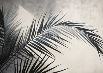 white wall texture with palm leaves, shaped canvas, contrasting shadows, high resolution, light gray and gray, scattered composition, soft-edged