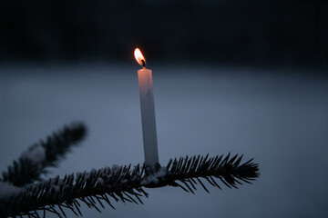 Burning candle in a fir tree at winter night. - 715646682