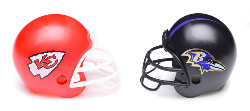 IRVINE, CALIFORNIA - 22 JAN 2024: Helmets for the Kansas City Chiefs and Baltimore Ravens, opponents in the NFL 2024 AFC Conference Championship game.