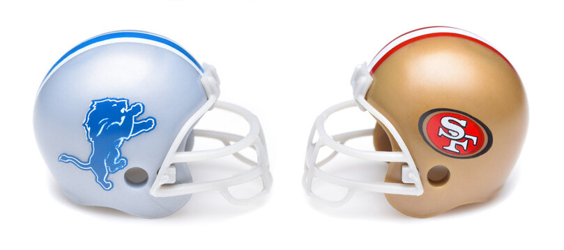 IRVINE, CALIFORNIA - 18 JAN 2024: Helmets for the Detroit Lions and San Francisco 49ers, NFL opponents in the 2024 NFC Conference Championship Game.