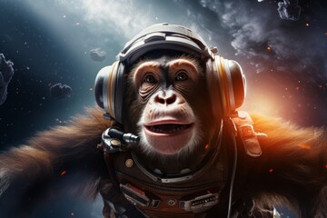 A monkey in an astronaut costume in outer space. 