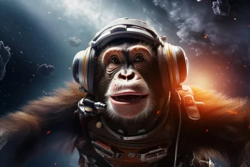 Zelfklevend Fotobehang A monkey in an astronaut costume in outer space.  © Alexandr