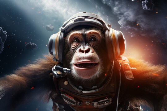 A monkey in an astronaut costume in outer space. 