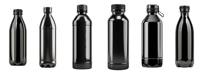 Realistic 3d black empty glossy metal water bottle with black punk isolated on transparent background