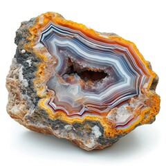 Obraz premium Agate showcasing its intricate patterns and earthy tones, elegantly displayed on a white background