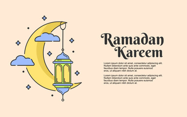 Ramadan kareem background with crescent moon ornament, hanging lanterns, clouds and sprinkles of stars, vector illustration. Suitable for use for social media posts, greeting cards Ramadan themed. 