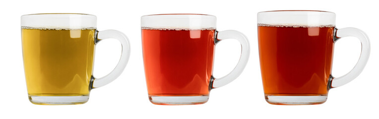 Three cups of green, black and red tea tea in a transparent glass cup. On a blank background