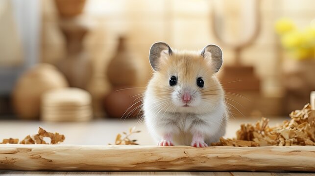 Close-up hamster peeking out from behind a wooden plank, on a brown background, banner, space for text. Generative AI	