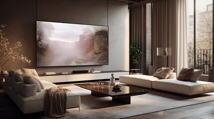 Fototapeta premium a futuristic white minimal interior of a living room, luxurious interior, extra large sofa design, tropical plants, view overlooking the natural landscape