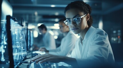 Data scientists work in a modern office of a technology company on the development of a quantum computer. Science, technology, big data and blockchain concept.
