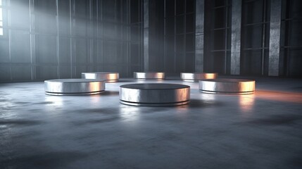 Metal pedestals for product show in ware house.Generative AI