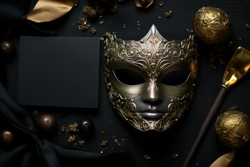 Mysterious Elegance: A Venetian Mask Amidst Golden Gala Decorations Poster or Sign with Open Empty Copy Space for Text 
