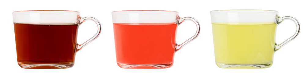 Three cups of green, black and red tea tea in a transparent glass cup. On a blank background