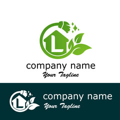 Initial L Letter with leaves and broom for cleaning, maintenance service modern logo idea
