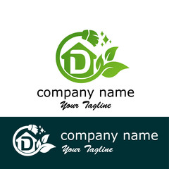 Initial D Letter with leaves and broom for cleaning, maintenance service modern logo idea