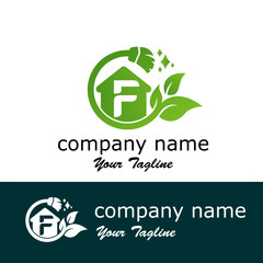 Initial F Letter with leaves and broom for cleaning, maintenance service modern logo idea